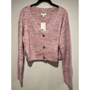 BP Nordstrom Space Dye V-Neck Crop Rib Cardigan In Pink Multi Sz M Button Up